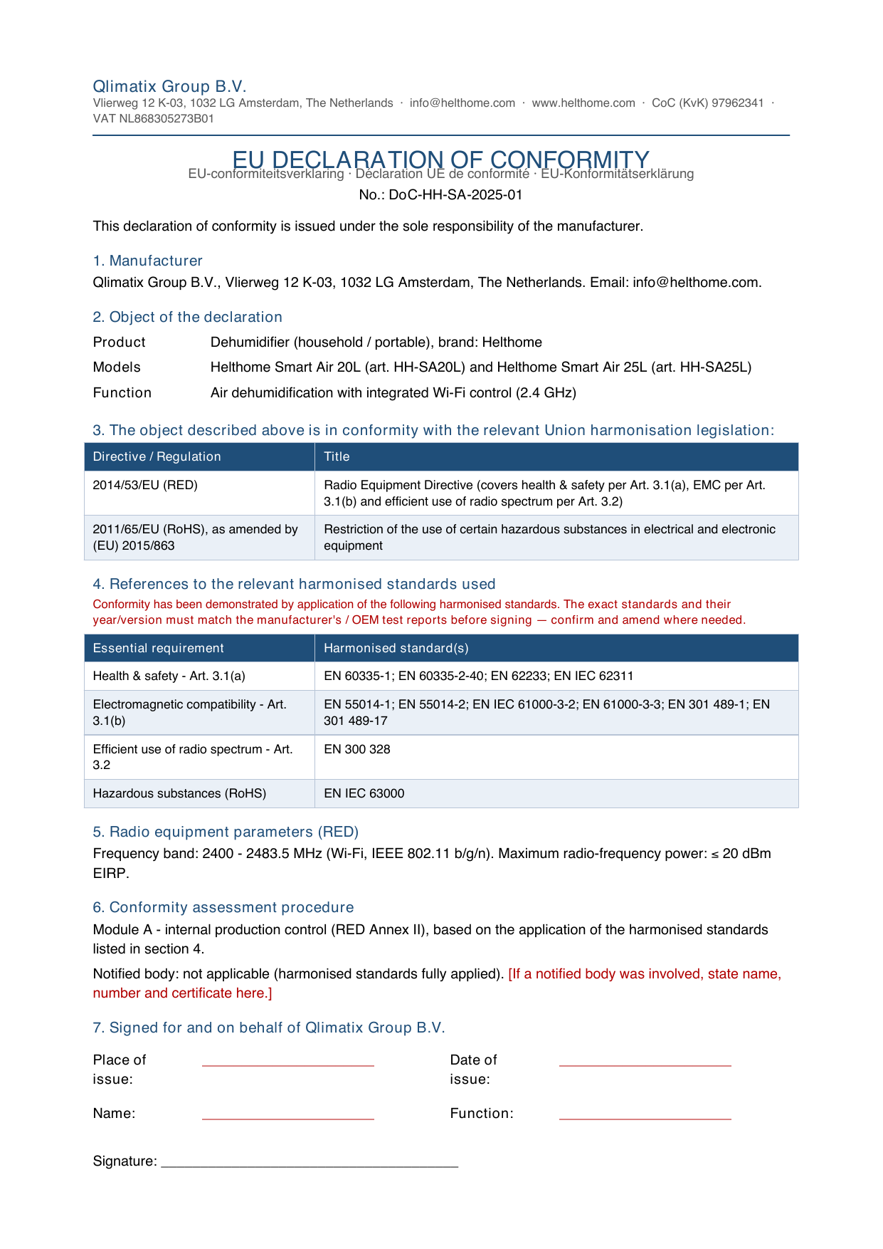 EU Declaration of Conformity – Helthome Smart Air 20L / 25L, page 1